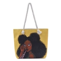 Gele canvas draagtas met meisje illustratie en witte katoenen touwhandvaten - Patroon 3