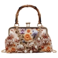 Bamboo handle crossbody bag with cartoon bear print and decorative pearl chains - Lotus root pink