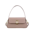 Minimalist beige leather shoulder bag with elegant gold oval clasp on white background - Khaki (Milk Tea Color)