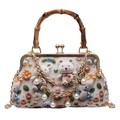 Retro bamboo handle handbag with cartoon teddy bear print and pearl chain strap - Beige Grey