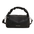 Retro black leather boston bag with pleated handle and silver branding detail - Black