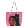 Pink canvas tote bag with fashion lady print and thick white rope handles for women - Pattern 5