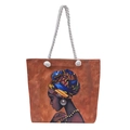 Canvas tote bag in brown featuring ethnic African woman art and white rope handles - Pattern 8