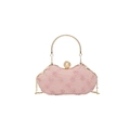 Pink floral lace evening bag with pearl clasp and gold chain strap on white background - Pink