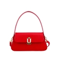Fashionable bright red small square handbag with golden oval metal clasp and strap - Red