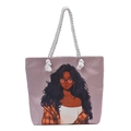 Light purple tote bag with black girl cartoon print and thick white rope handles - Pattern 10