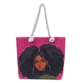 Pink canvas tote bag featuring floral character print and white cotton rope handles - Pattern Thirteen