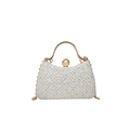 Elegant white sequined evening clutch with gold metal handle and pearl clasp detail - Silver