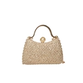 Elegant gold evening clutch with pearl clasp, metallic woven texture and chain strap - Gold