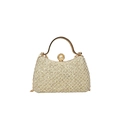 Champagne gold evening clutch bag with sequined grid pattern and pearl clasp - Light gold