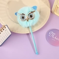 Detalle de bolígrafo de peluche de búho azul claro con ojos de lentejuelas doradas - Búho Azul Púrpura