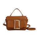Classic caramel leather crossbody bag featuring a large decorative gold square buckle - Brown