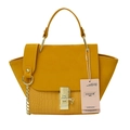 Ginger yellow tote bag with crocodile texture, metal chain, and adjustable strap on white - Yellow