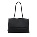 Classic black minimalist PU leather tote bag with large flap and spacious trapezoid design - Black