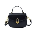 Minimalist black leather crossbody bag with golden oval buckle and fixed handle - Black