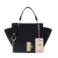Black handbag featuring crocodile texture and suede stitching with gold hardware details - Black