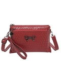 Red woven leather crossbody bag with multi-layer zippers and metal bow detail - Red