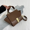 Brown crocodile embossed and faux suede tote bag with chain strap and gold clasp lock - Brown