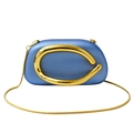Sky blue hard shell evening clutch with oversized gold C-shaped metal handle - Blue