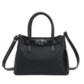 Elegant black litchi pattern handbag with silver metal buckle and adjustable strap - Black