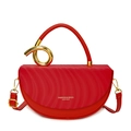 Red half-moon saddle bag with rippled leather texture and golden spiral metal accents - Red