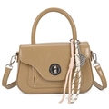 Khaki glossy leather handbag with round top handle and creative abacus charm - Khaki