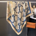 Navy blue floral silk scarf for women featuring vintage peony print and striped borders - Beige