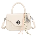 Cream vintage square handbag with glossy leather, twist lock, and woven charm detail - White