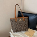 Brown monogram tote bag with gold kangaroo logo and leather shoulder straps - BL Coffee