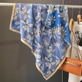 Elegant lake blue satin square scarf featuring large white lily floral prints and gold edges - Blue (HS-31)