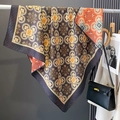 Silk-like large square scarf with brown floral patterns and geometric border design - Orange Coffee (HS-38) / 90*90cm
