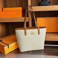 Cream printed tote bag with brown leather handles and golden kangaroo metal logo - Flower Rice White