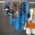 Silk scarf with leopard print and blue feathers, featuring premium rolled edges - Large Square / Navy Blue