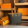 Large capacity tote bag in dark brown monogram pattern with leather top handles - Floral Coffee