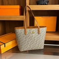 Beige canvas tote bag with brown leather trim and JADF monogram print detail - JADF Khaki