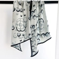 Silk-like fashion scarf with black camellia floral print and polka dots on cream base - 44*152cm / Blue & White