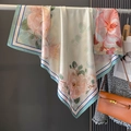 Elegant large silk-like square scarf with camellia print and floral pattern borders - 90*90cm / HS-5-Beige