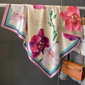 Elegant silk-feel square scarf with vibrant orchid floral print and striped border - 90*90cm / Pink Orchid (HS-7-)