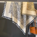 Close-up of silk-feel scarf featuring houndstooth borders and elegant leaf patterns - 90x90cm / Beige (HS-1)