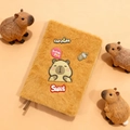 Cute brown plush Capybara A5 notebook featuring soft furry cover and cartoon patches - Smiling Capybara