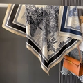 Elegant 90cm square silk scarf featuring tropical palm tree prints and geometric borders - Beige-Black