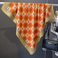 Detail of vintage geometric silk scarf with orange patterns and wavy beige borders - 90*90cm / Orange