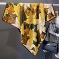 Detailed drape of green floral square silk scarf with large yellow lilies and brown hem - 90*90cm / Beige Vintage Lily (HSM-38)