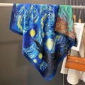 Artistic Starry Night print silk scarf for women styled with orange luxury handbag - 90x90cm / Blue-Green (Starry Night Print)