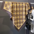 Detail of vintage floral silk scarf with yellow and brown geometric patterns and chain print - 90*90cm / Khaki