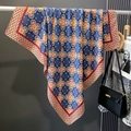 Detail of vintage navy silk scarf featuring orange floral patterns and Greek key borders - 90*90cm / Navy Blue