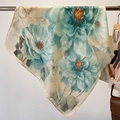 Elegant cotton-linen scarf with blue floral and butterfly print hanging on a rack - 68*68cm / Beige Blue