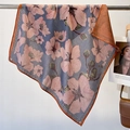 Sciarpa di seta vintage a fiori blu e rosa con bordo decorativo arancione a greca - FW-73-Bordo Arancione