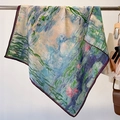 Impressionist oil painting water lily silk scarf with water blue and green floral patterns - Purple Edge