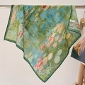 Detail of Monet style oil painting silk scarf with elegant green rolled hem and tag - Green Trim